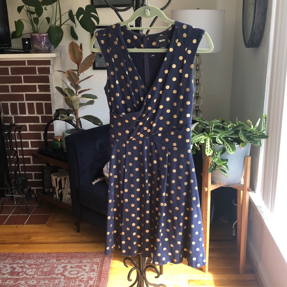 Navy and Gold Polk-a-Dot Faux Wrap Dress